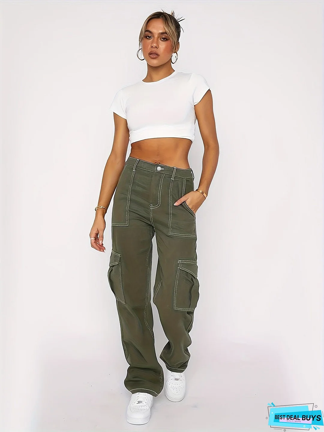 Army Green Cargo Pants, Flap Pockets High Waist Loose Fit Non-Stretch Casual Denim Pants, Y2K Kpop Vintage Style, Women's Denim Jeans & Clothing