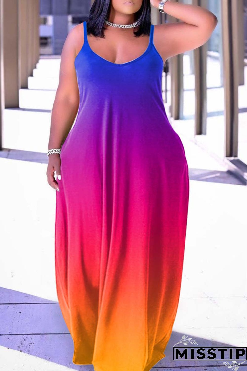 Orange Sexy Casual Print Backless Spaghetti Strap Long Dress Dresses