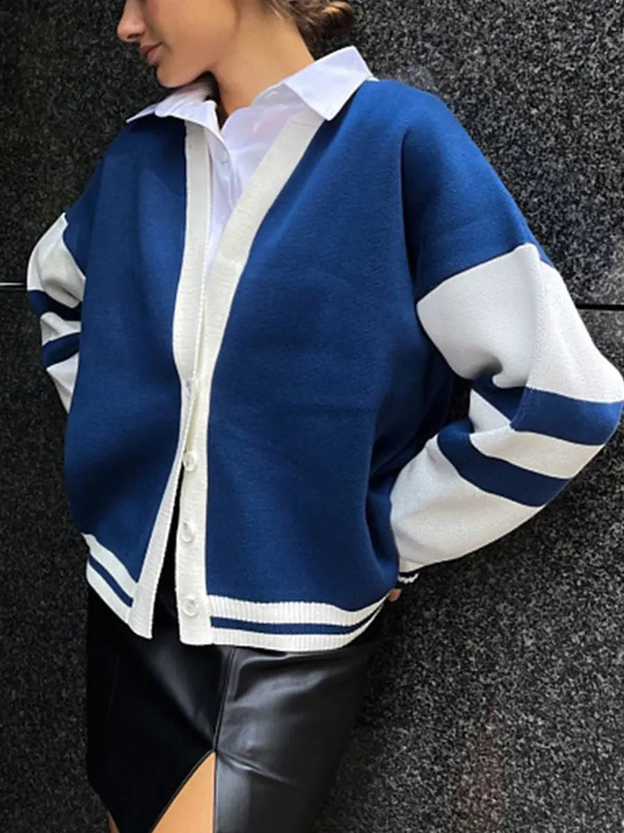 Contrast Striped Simple Knitted Loose Sweater For Women