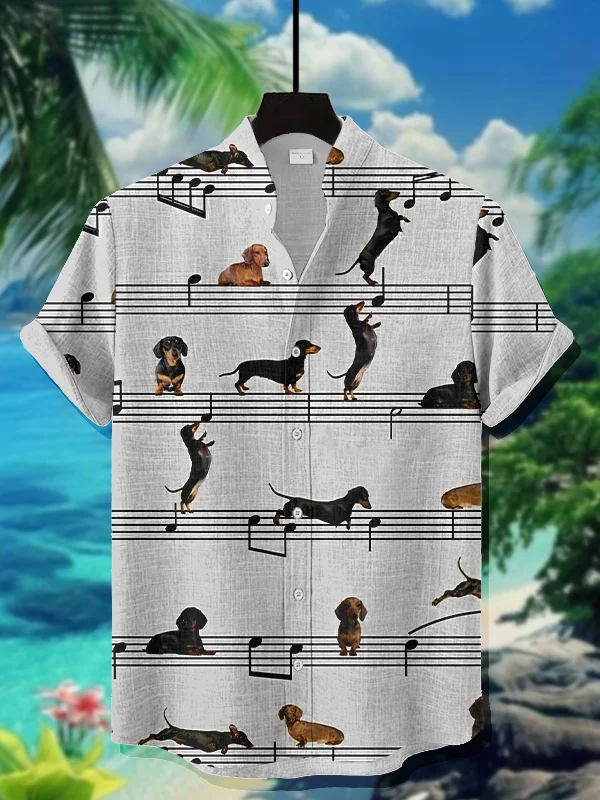 Men's Musical Notation Dachshund Print Casual Shirt