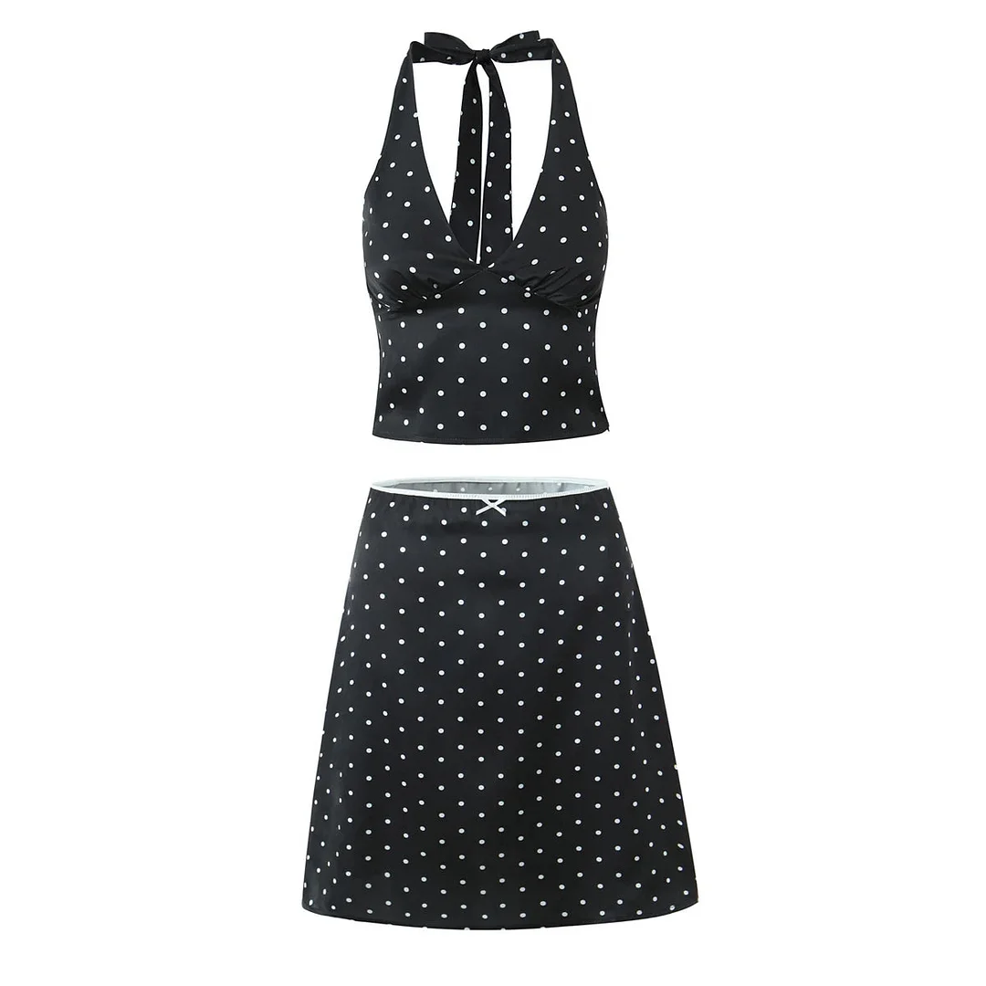 Toloer Satin Black Polka Dot Bow Halter Tank Top And MIDI Skirt Set-Outfit Ideas