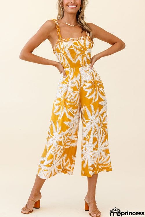 Palm Print Slip Wide Leg Jumpsuits