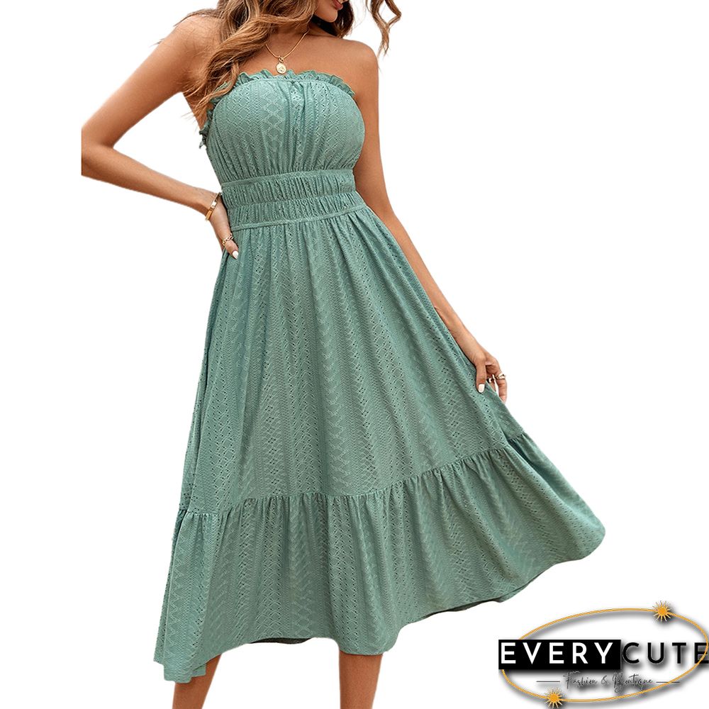 Pea Green Slim Waist Strapless Midi Dress