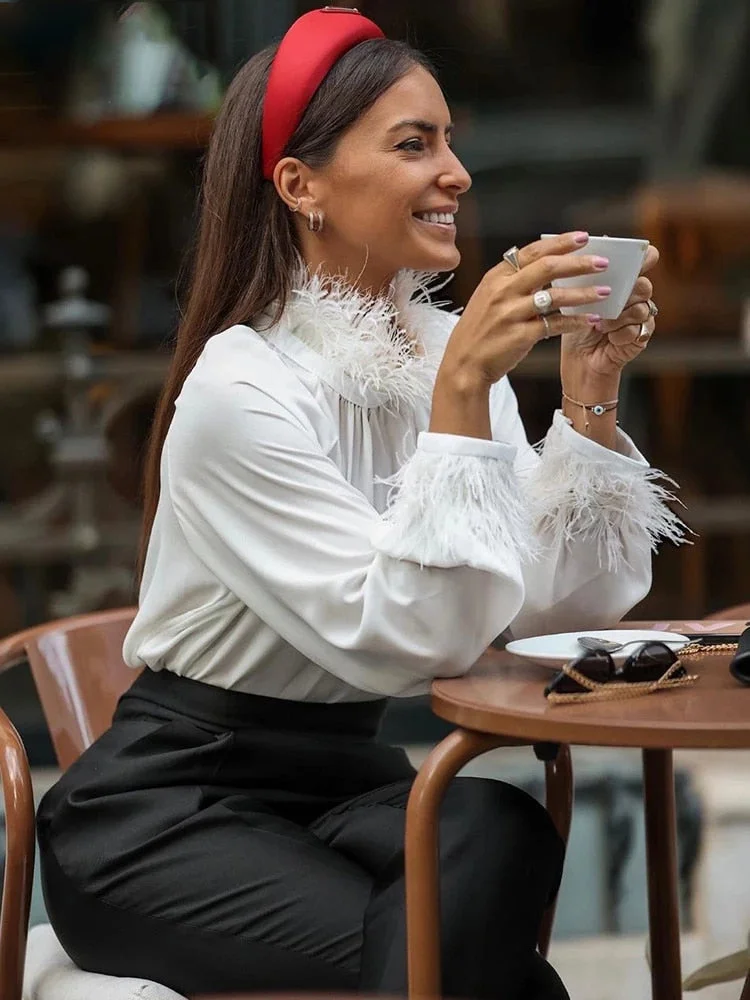 Jacuqeline 2022 Sexy V Neck Feather Satin Blouse Shirts Women Long Sleeve Button Elegant Lady Shirt Top Vintage Clothes Autumn