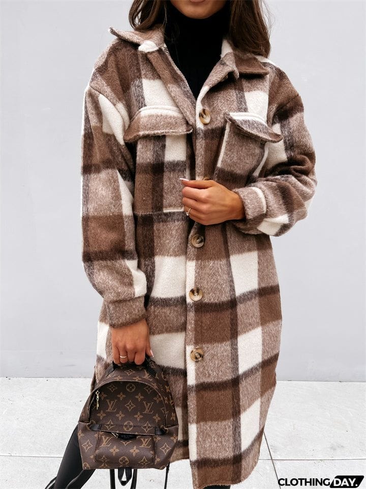 Women's Fashion Long Plaid Shacket Coat