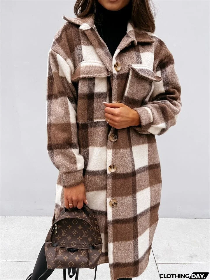Women's Fashion Long Plaid Shacket Coat