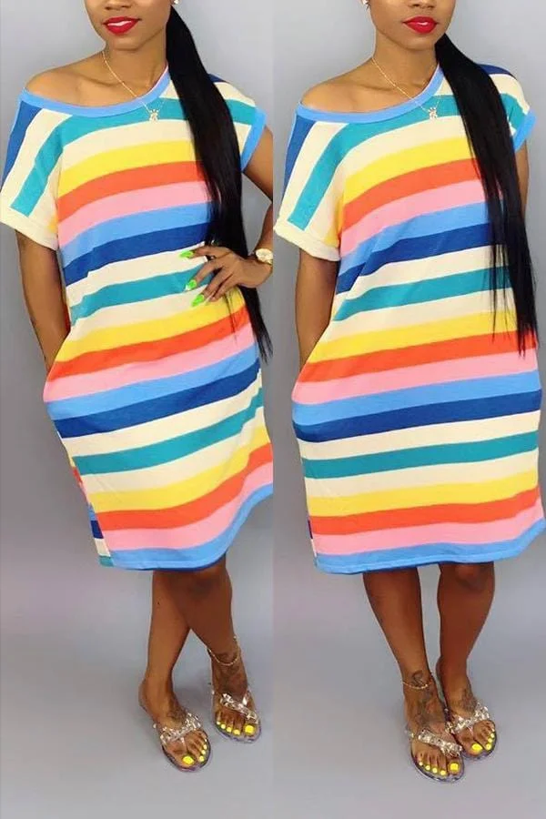 Fashion Rainbow Print Loose  Dress