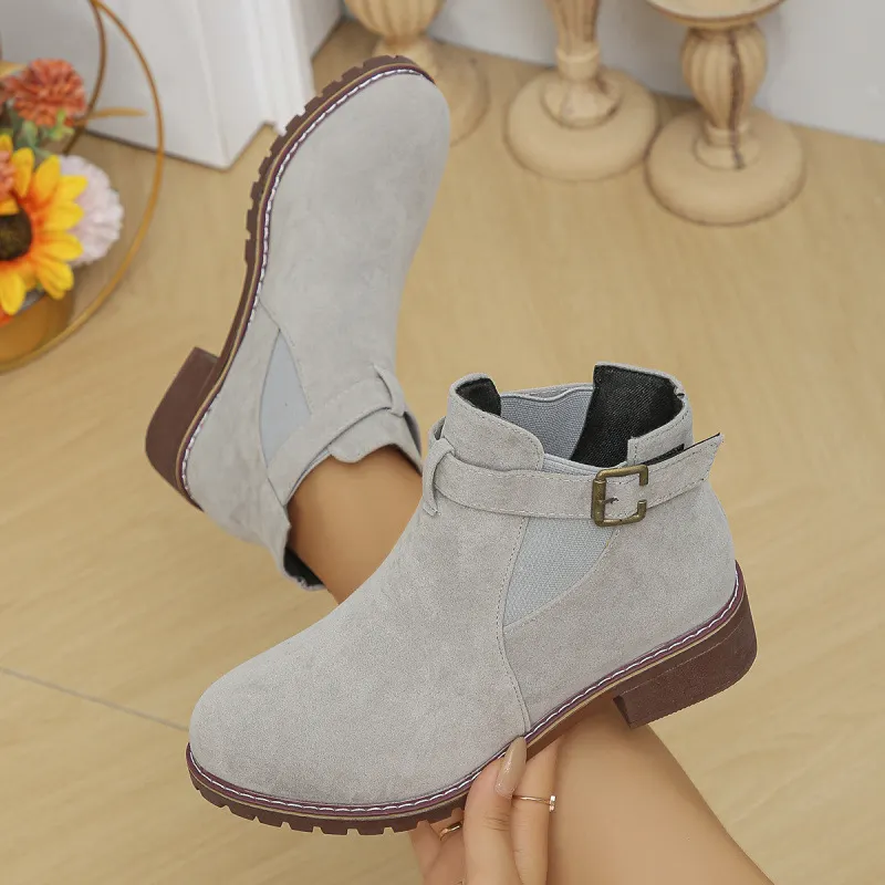 Breakj Breakj Women's Boots 2025 Autumn And Winter New Martin Boots Low-Heeled Square Belt Buckle Short Cylinder Tight Velvet Surface