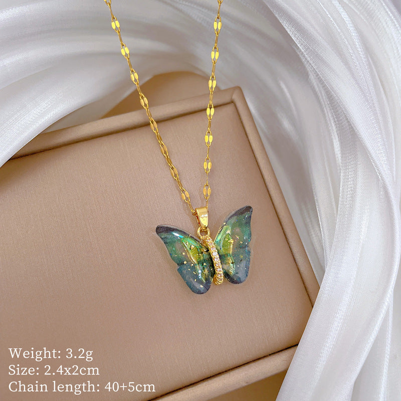 Colorful Butterfly Personality Fashion Gorgeous Full Diamond Necklace Women’S All-Match Clavicle Chain Titanium Steel