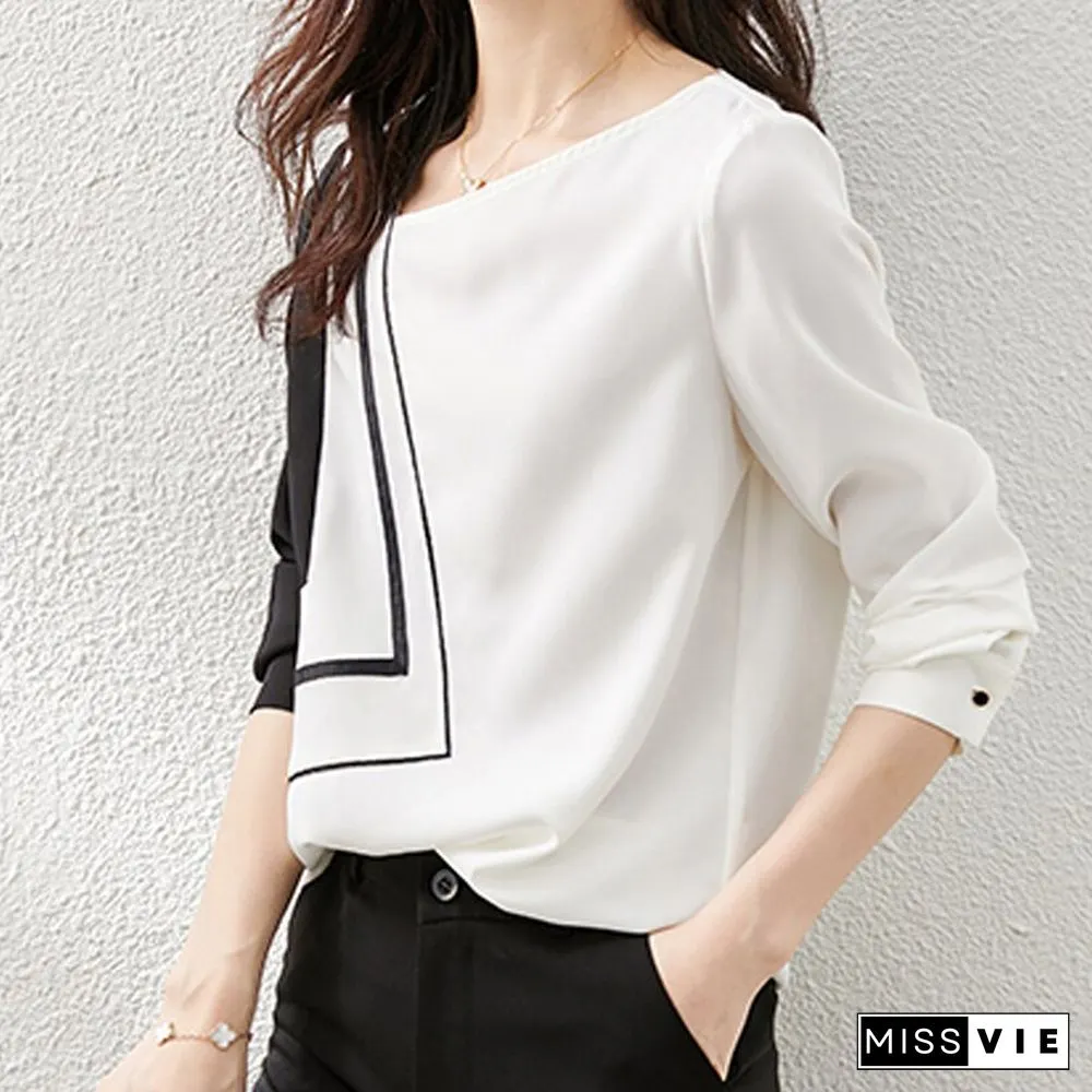 Casual Korean Style Long Sleeve Loose Shirt Diagonal Collar Office Ladies Chiffon Shirt Print Ladies Fashion Patchwork T Origin