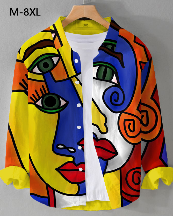 Men's Plus Size Abstract Human Face Line Art Long Sleeve Shirt