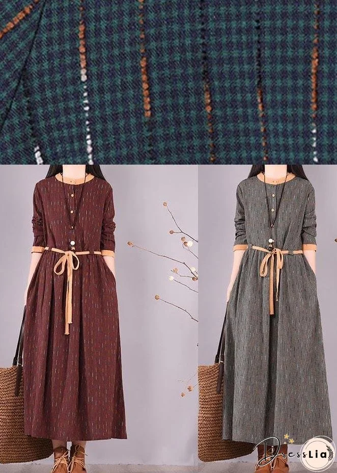 Women Blue Striped Quilting Clothes O Neck Tie Waist Long Spring Dresses