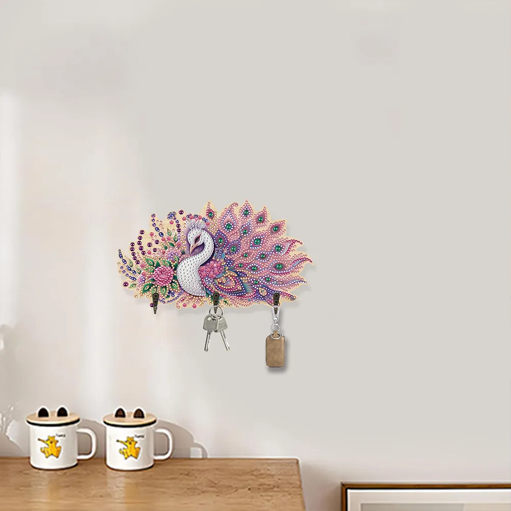 Wooden Pink Feather Peacock Diamond Painting Craft Wall Hooks A Row of 3 Hooks