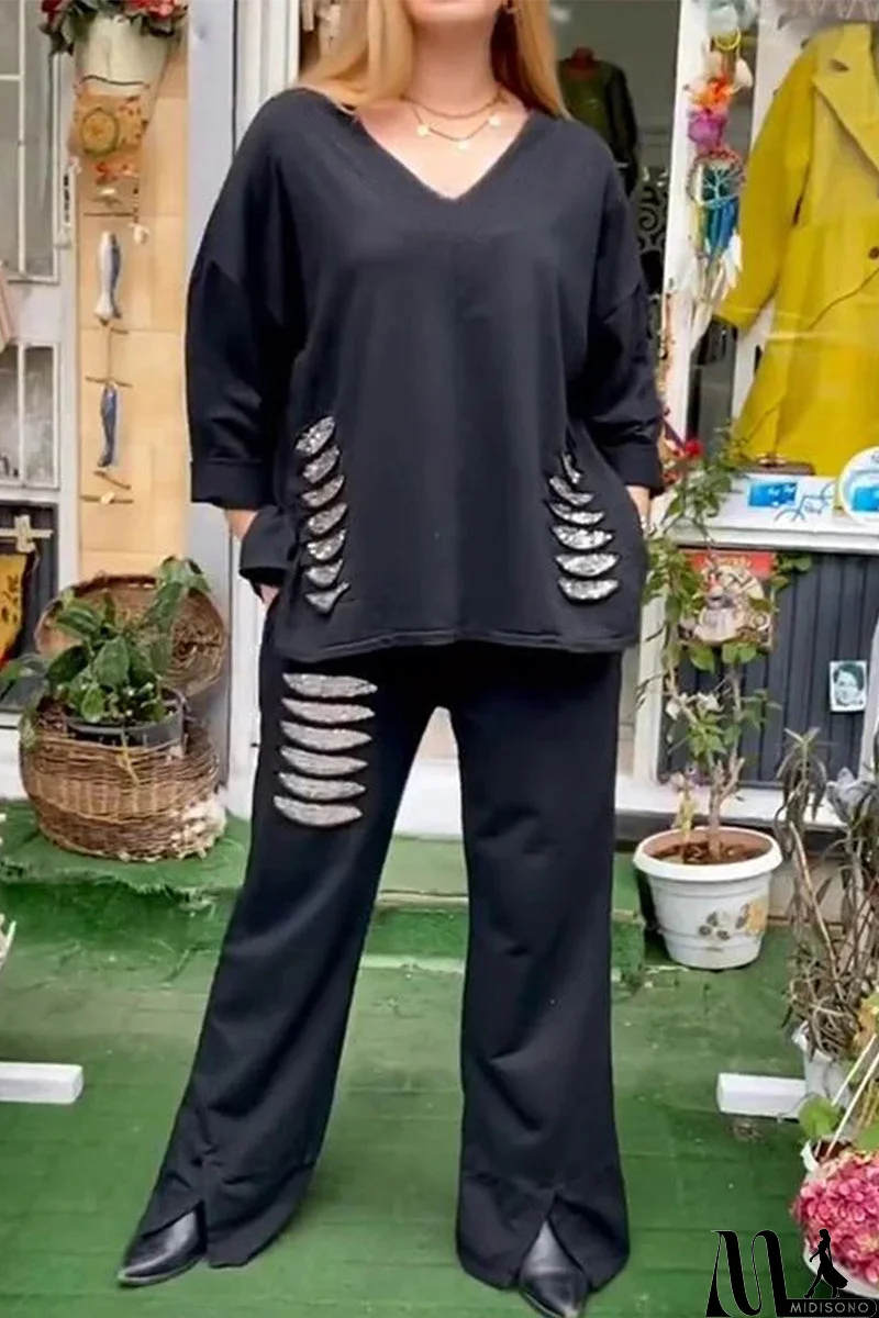 MidiSono - Casual Daily Ripped Sequins Irregular V Neck Half Sleeve Two Pieces(8 Colors)