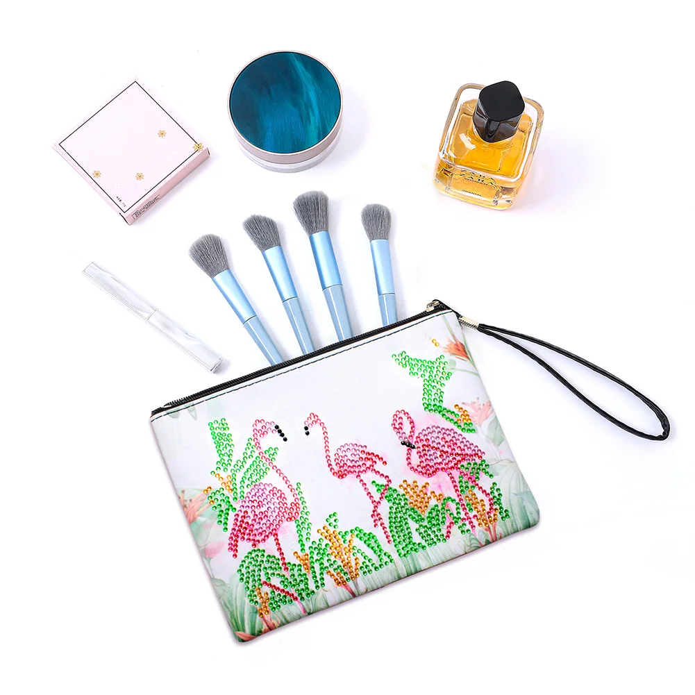 DIY Flamingo Diamond Art Cosmetic Bag Flowers Single Sided PU Women Clutch