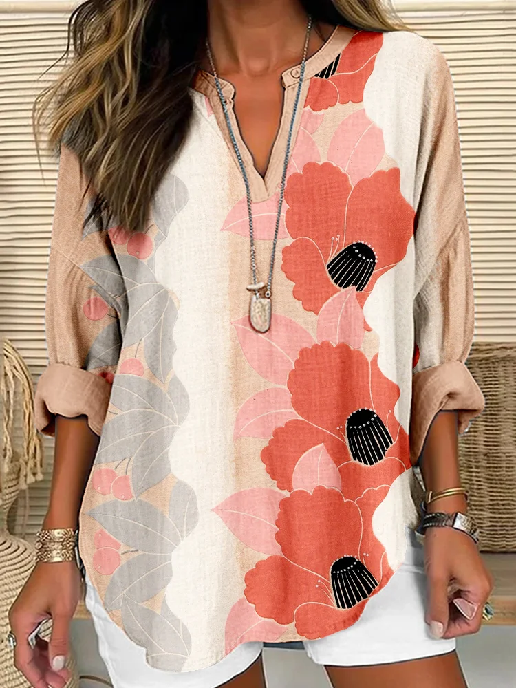 Vintage Japanese Flowers Art Linen Blend Shirt