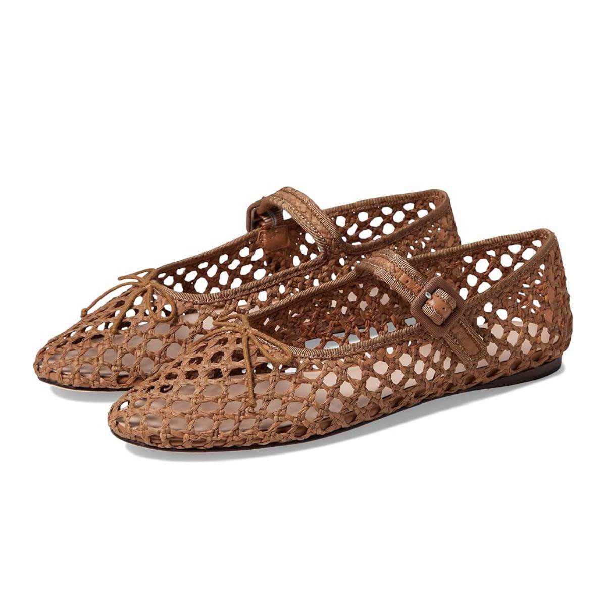 Brown Raffia Round Toe Cut Out Buckled Strappy Mary Jane Flats Nicepairs