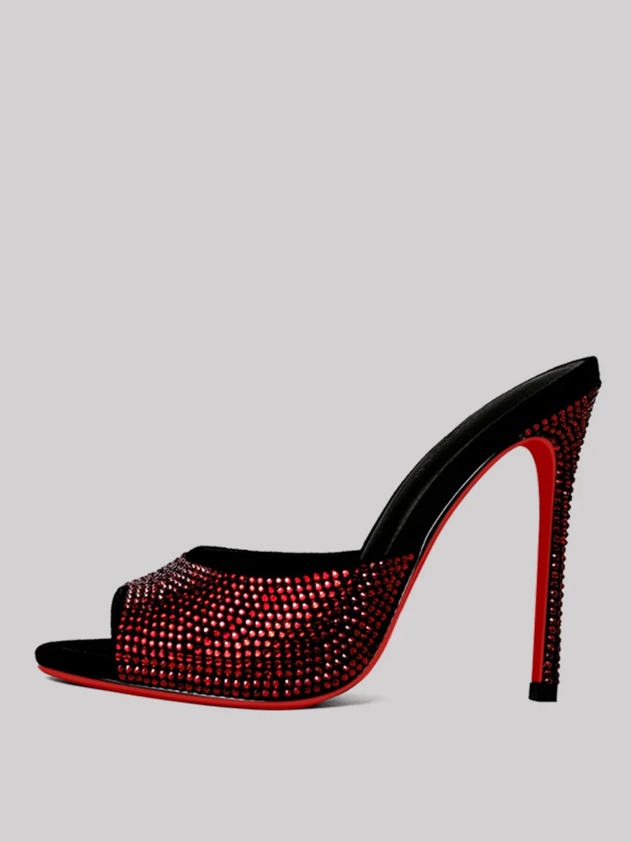 100mm Women's Pointed Open Toe Sandals Colored Diamond Red Bottom Mules Heels Slip on Stilettos Me Dolly