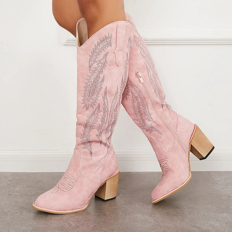 HUXM Side Zipper Round Toe Chunky Heel Plant Embroidery Boots