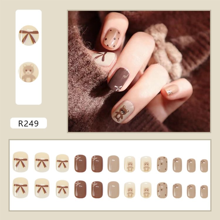 Agreedl Short Round Head Fake Press On Nail Cute MilkTea Color Shiny Gold Foil Blooming Gradient Artificial Nail With Jelly Glue
