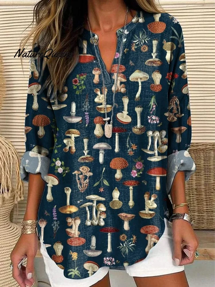 Cottage Style Mushroom Pattern Printed Women's Casual Linen V-Neck Shirt
