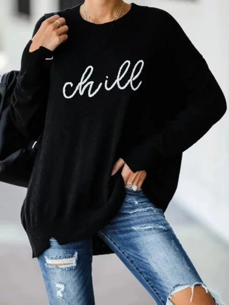 Women Long Sleeve Black Casual Printed Knitted Plus Size Sweater