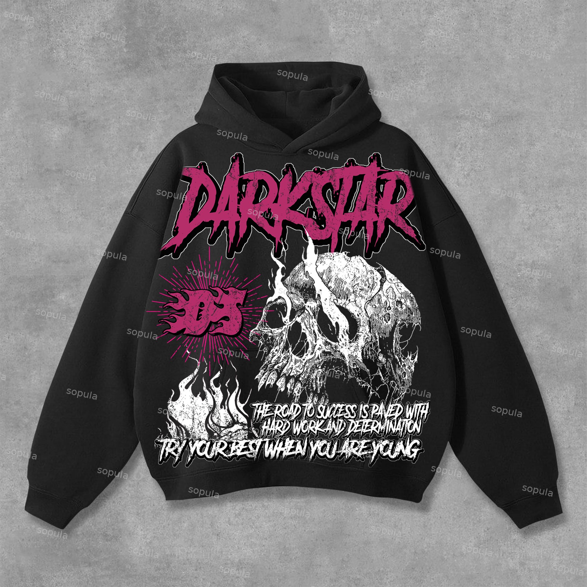 Sopula Flame Skull Graphic Print Cotton Hoodie