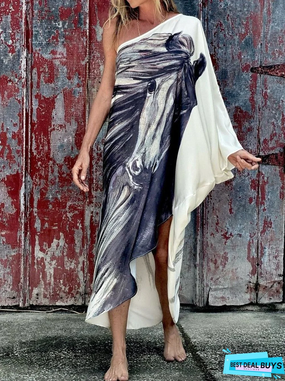 Loose Print Shoulder Beach Holiday Sunscreen Dress Europe and America Commuting Irregular Dress