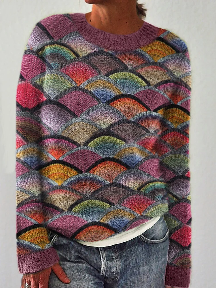 Colorful Japanese Sea Wave Knit Art Cozy Sweater