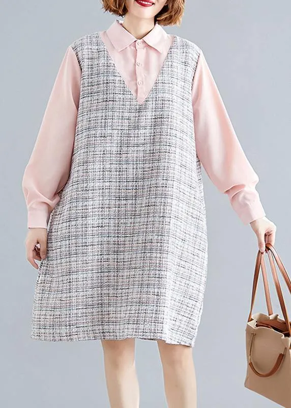 Art pink patchwork Plaid linen clothes For Women long sleeve false two pieces shift fall Dress