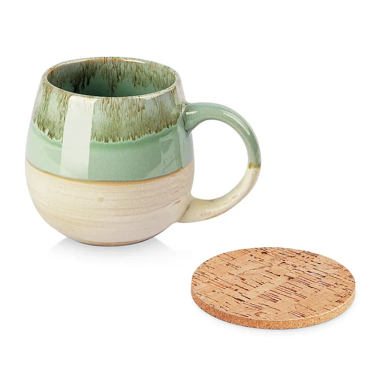 LIFVER 21 Oz Large Ceramic Coffee Mug with Coaster, Stoneware Coffee Mug, Big Tea Cup for Office and Home, Green