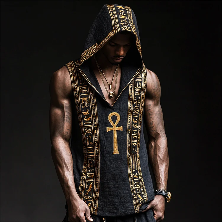 Men's Ankh Ancient Egyptian Embroidered Hooded Linen Tank