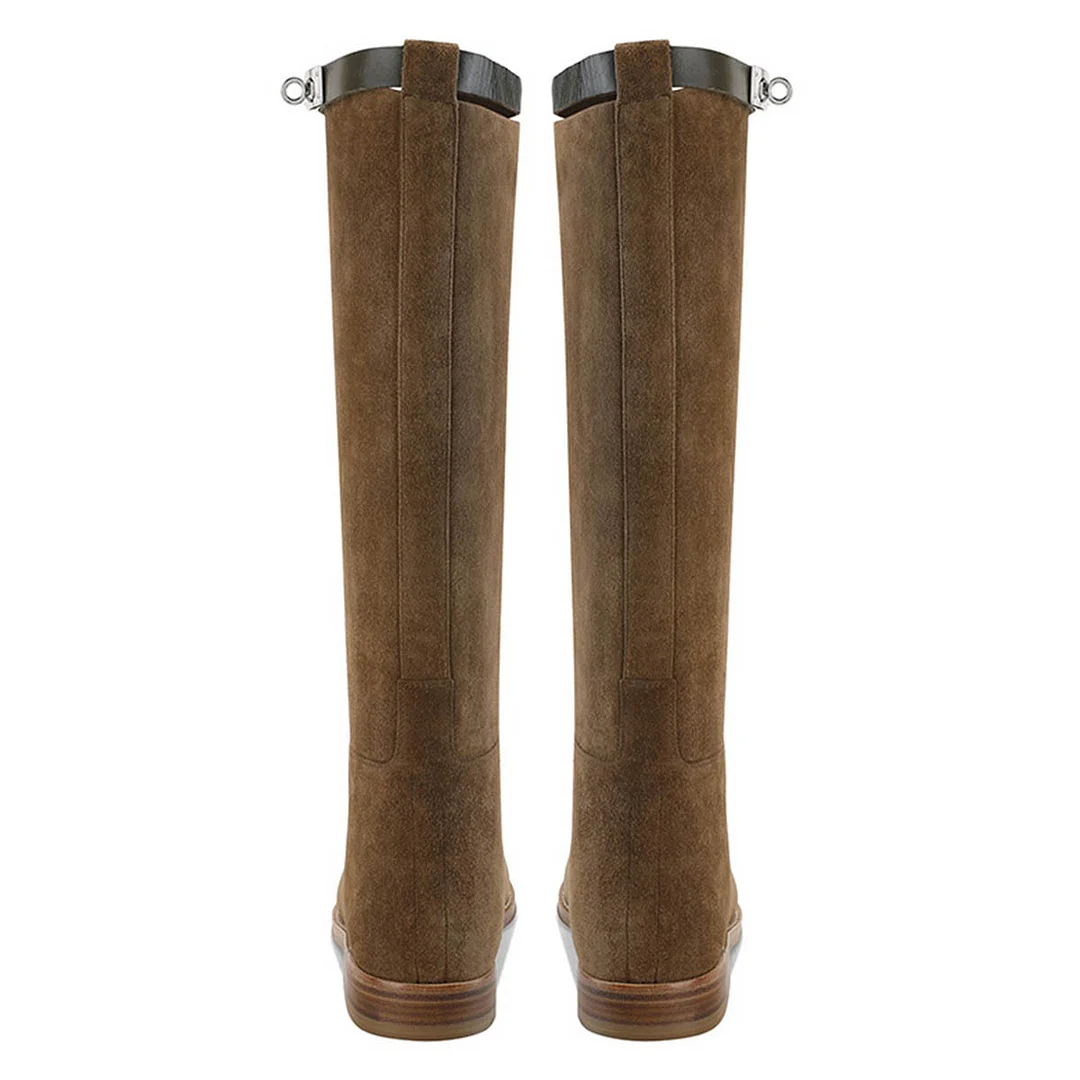 Brown Vegan Suede Knee High Closed Toe Flat Stylish Boots for Ladies