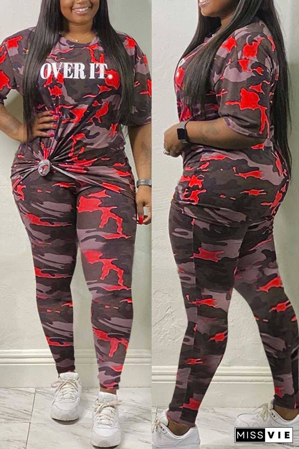 Casual Camouflage Print Plus Size Set