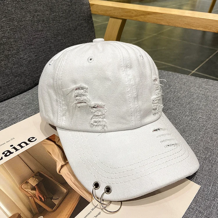 Worn Denim Baseball Cap With Iron Ring Ripped Washed Jean Hat Summer Outdoor Leisure Hat