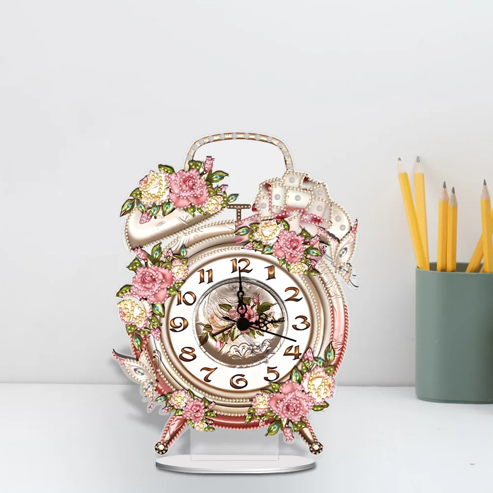 DIY Flowers Vintage Acrylic Special Shaped 5D Diamond Painting Clock Art Craft