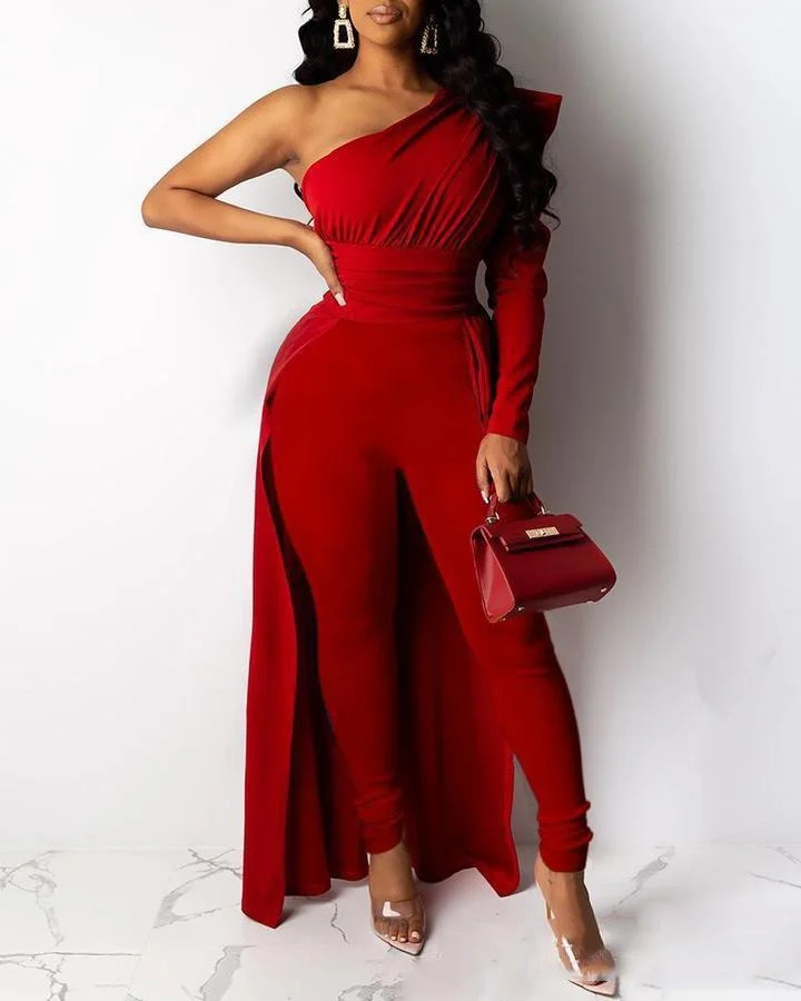 Fashion red puff sleeve slim jumpsuit-zachics