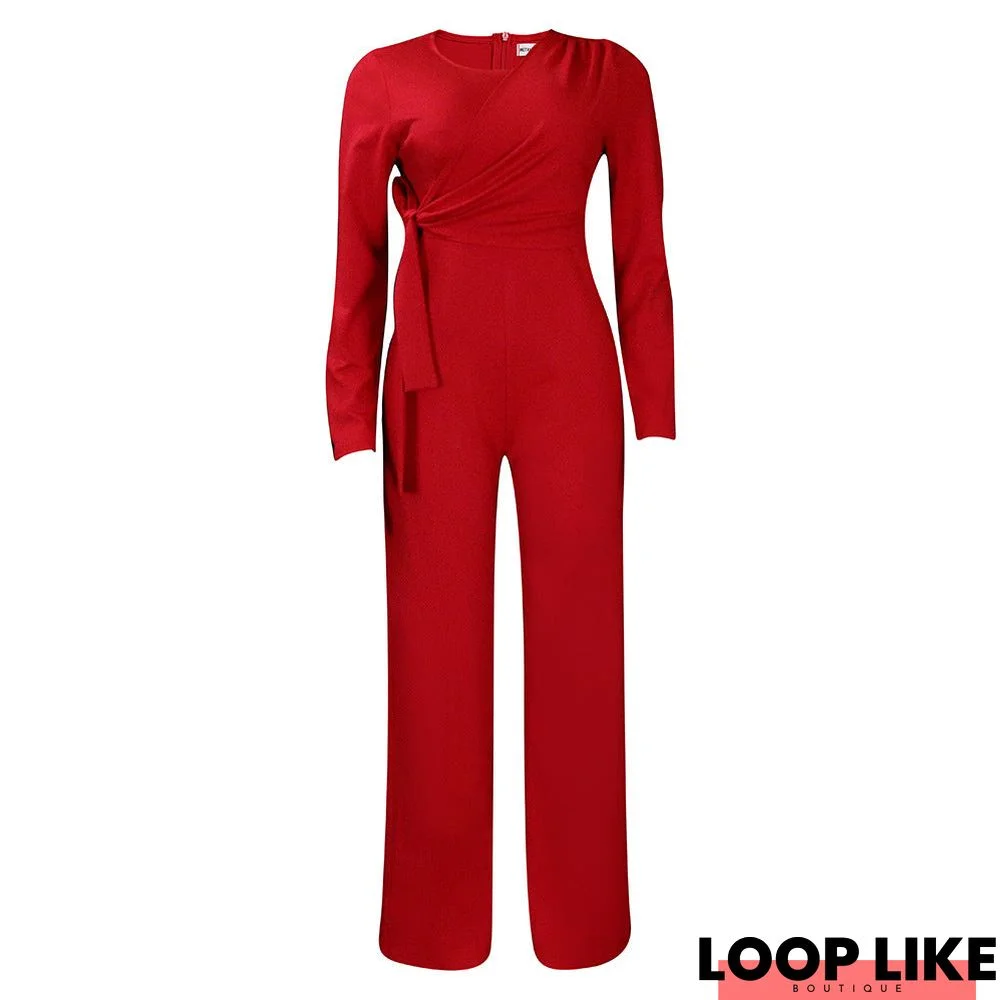 Plus Size High Waist Women's Fashion Long Sleeve Solid Color Casual Wide Leg Outer Jumpsuit