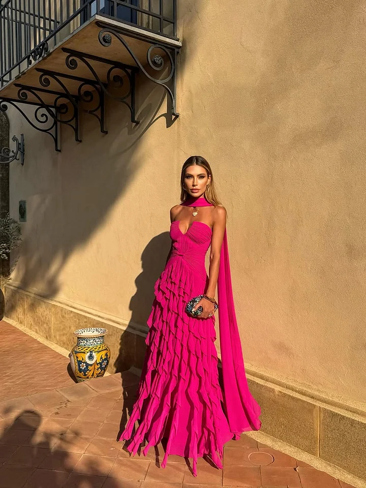 Lussooy Luxury Fuchsia Straight Across Sleeveless Prom Dress With Scarf