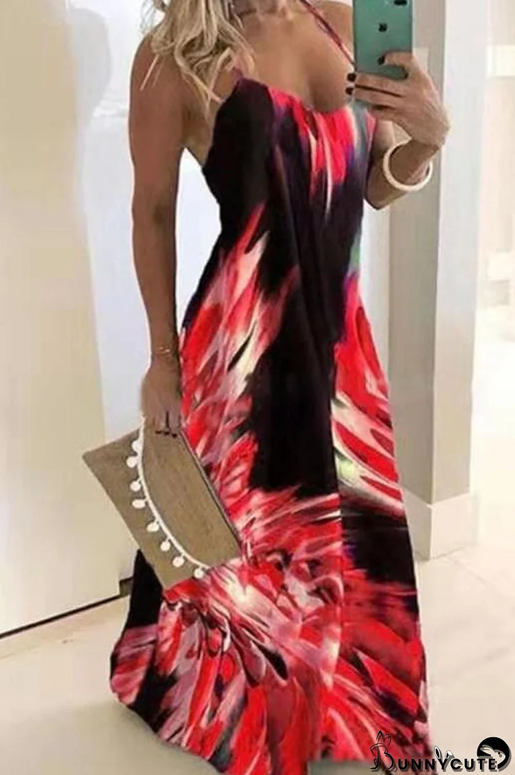 Red Casual Print Patchwork Spaghetti Strap Sling Dress Dresses