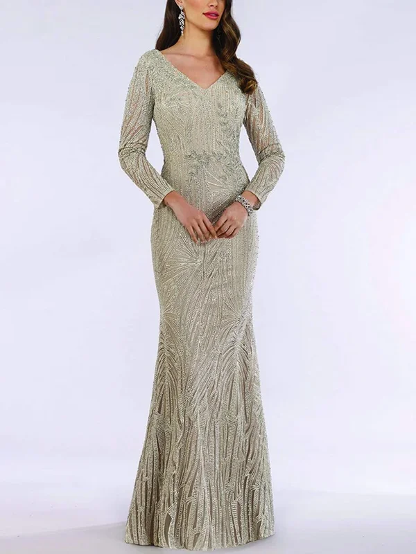 V-neck lace sequined long-sleeve maxi dress