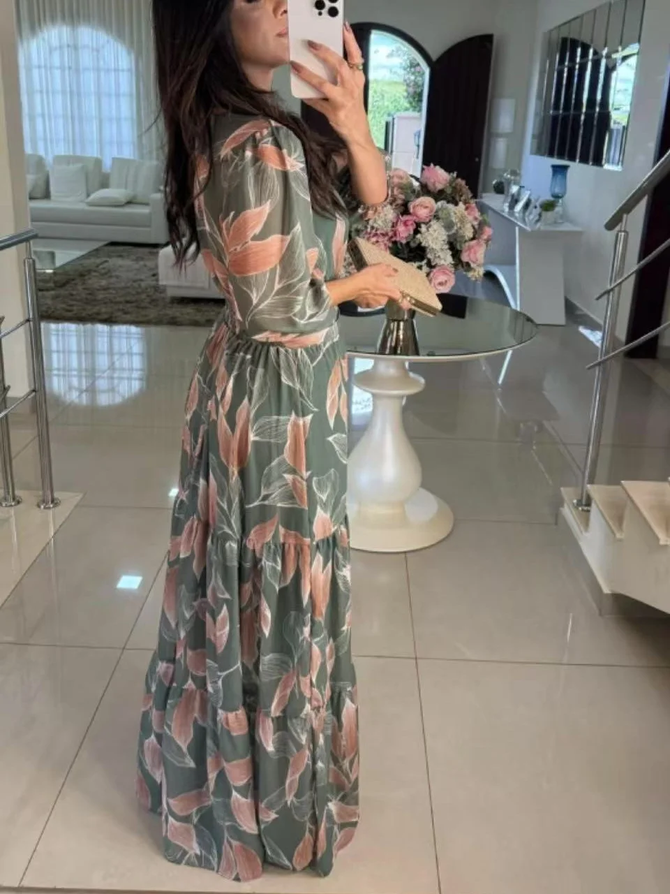 Nigikala Nigikala Women's Summer New V-Neck Fashion Elegant Print Long Dress Dress Woman