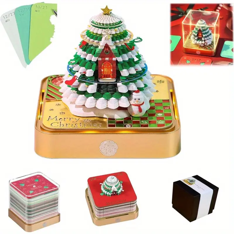 3d desk calendar with led lights festive christmas tree house design 3d paper carving art weekly date display monthly memo pad sticky note holder desktop decoration gift for home office christmas decorations Product details 1