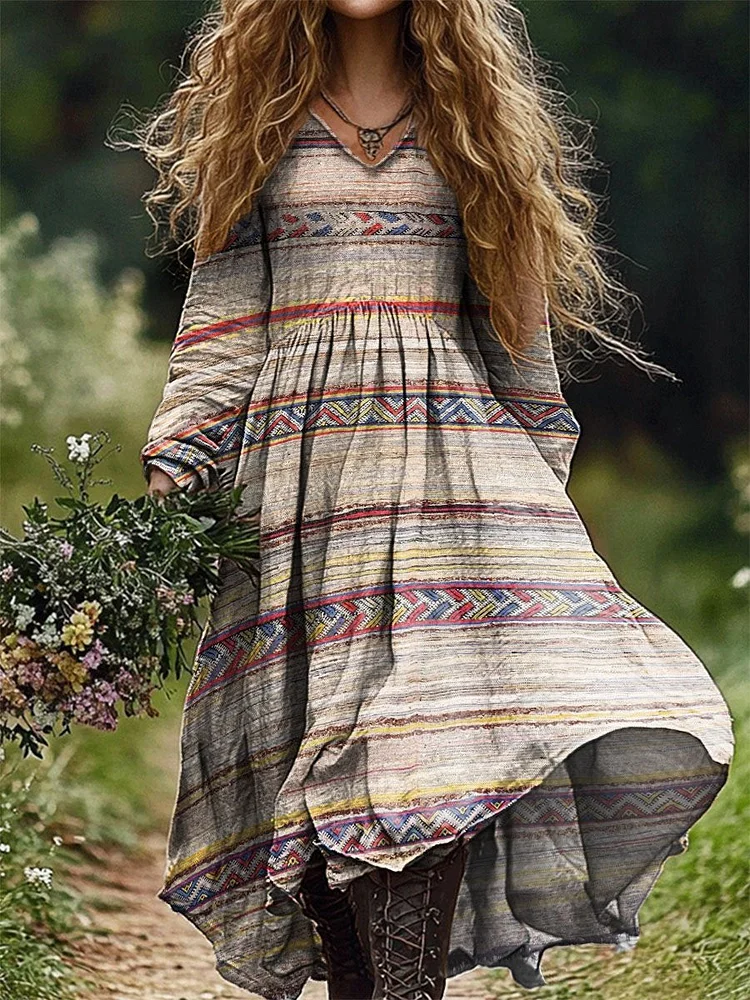 Women's Retro Stripes Print Pocket Cotton Dress