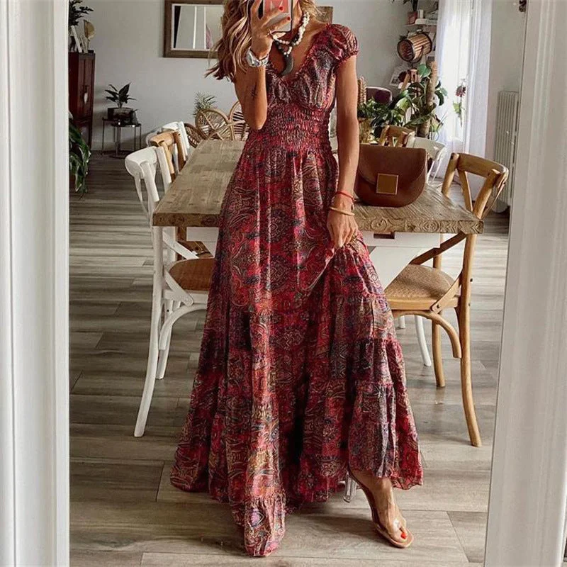 Uveng V-neck Tight Waist Floral Large Dresses