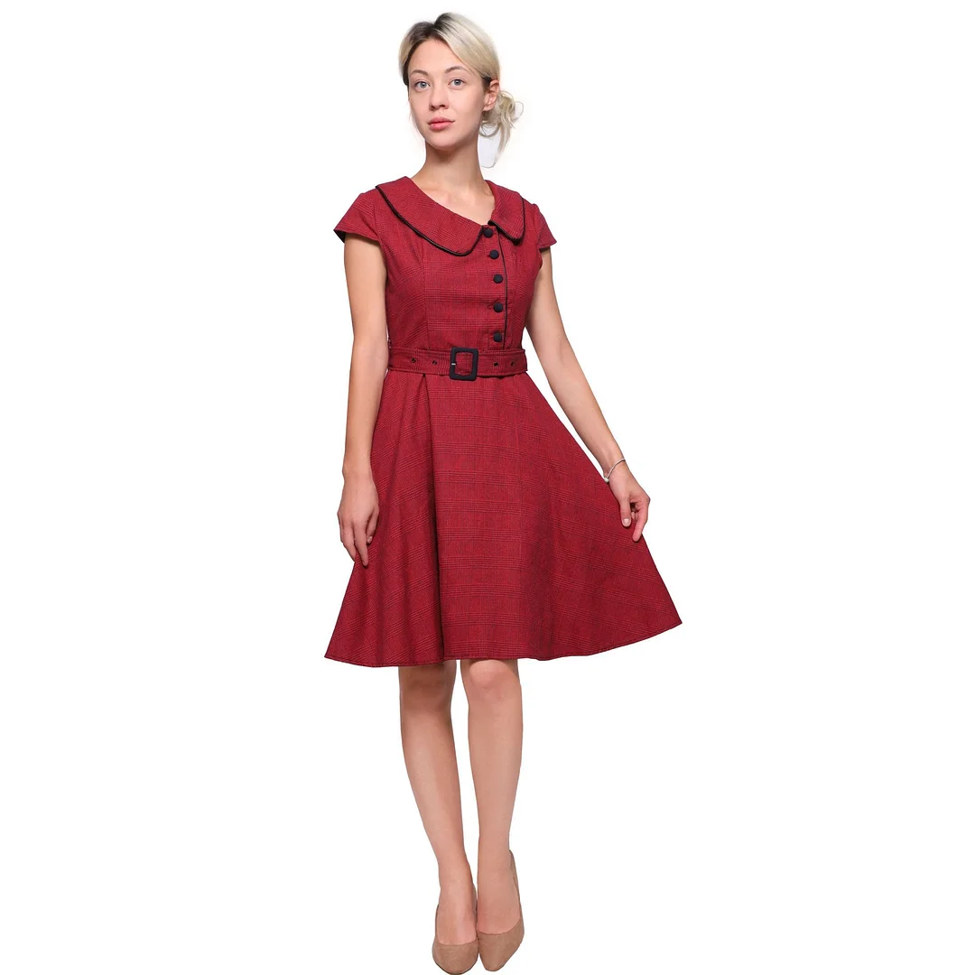 Women's Plaid Dress Doll Collar Short Sleeve A-line Midi Dress