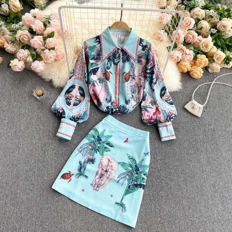 2022 Women's Spring New European Station Turn Down Colonial Puff Sleeve Shirt + Empire Mini Dress Retro Print Tops D0120