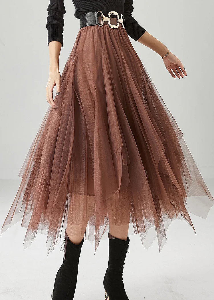Stylish Khaki Asymmetrical Exra Large Hem Tulle Skirt Fall