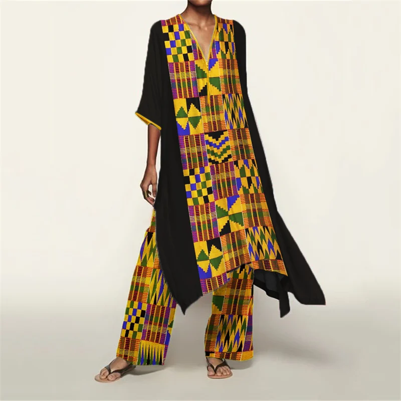 Ethnic African Kente Design Flowy Kaftan & Pants Set