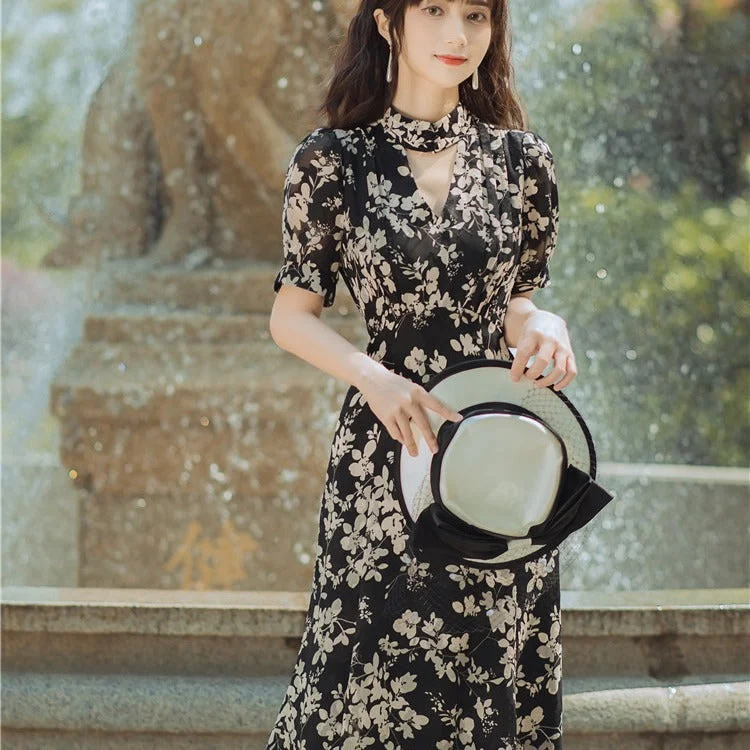 Women cottagecore Dress Summer French Vintage Dress V-neck Floral Black Dress Skirt
